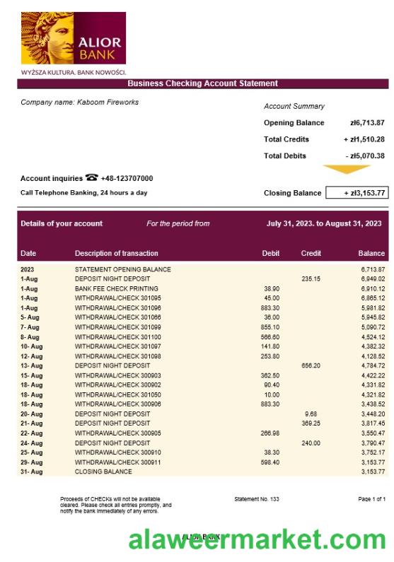 Alior Bank company checking account statement Word and PDF template